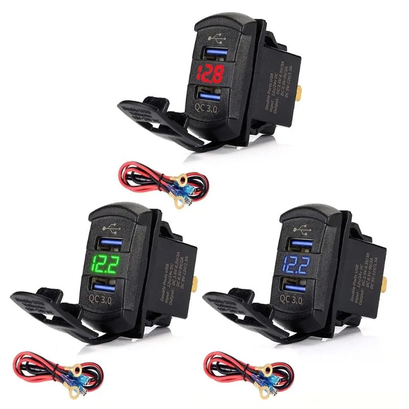 Quick Charge 3.0 Dual USB Rocker Switch w/LED Voltmeter