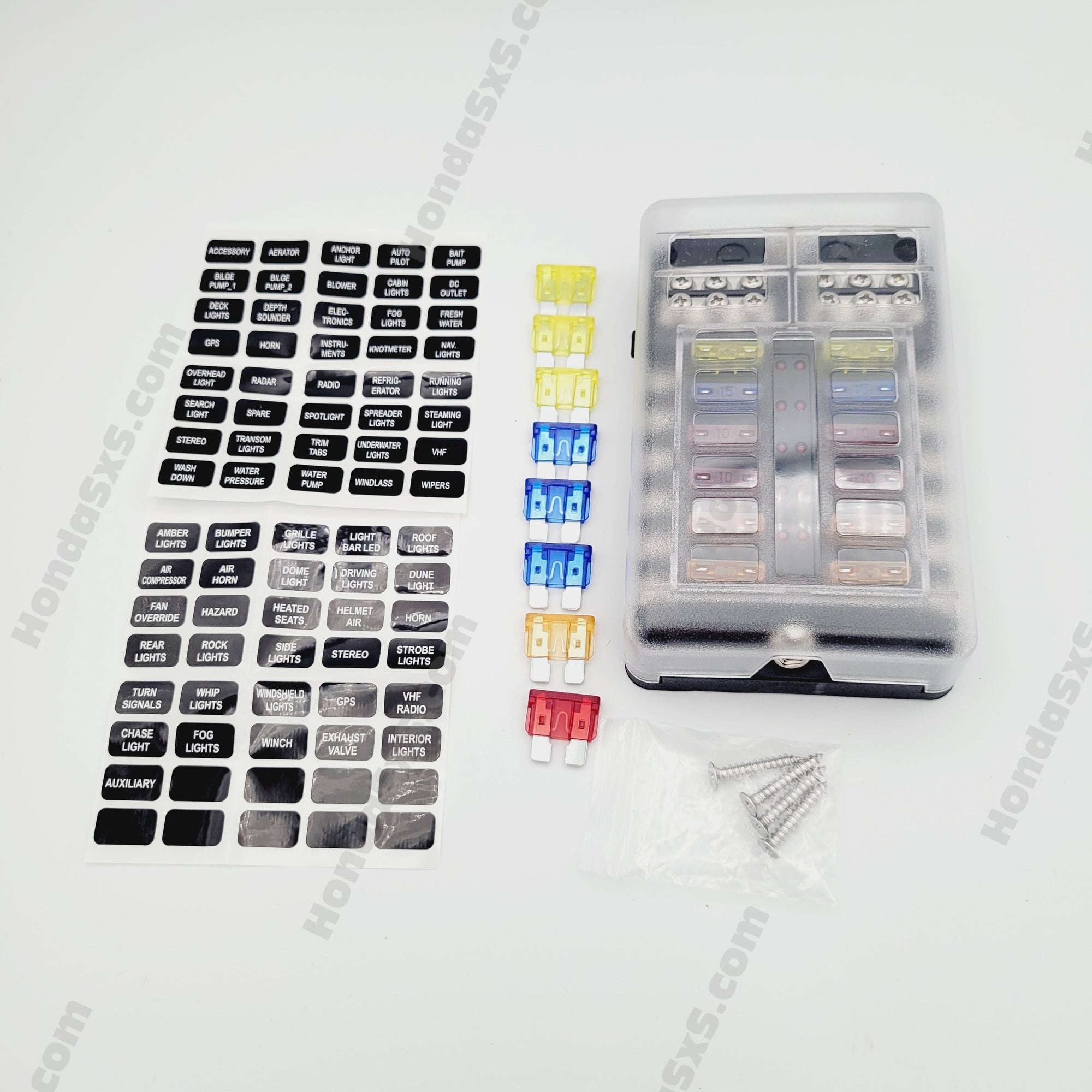Fuse box with negative bus. 6 or 12 fuse unit, includes variety of fuses. FuseBox