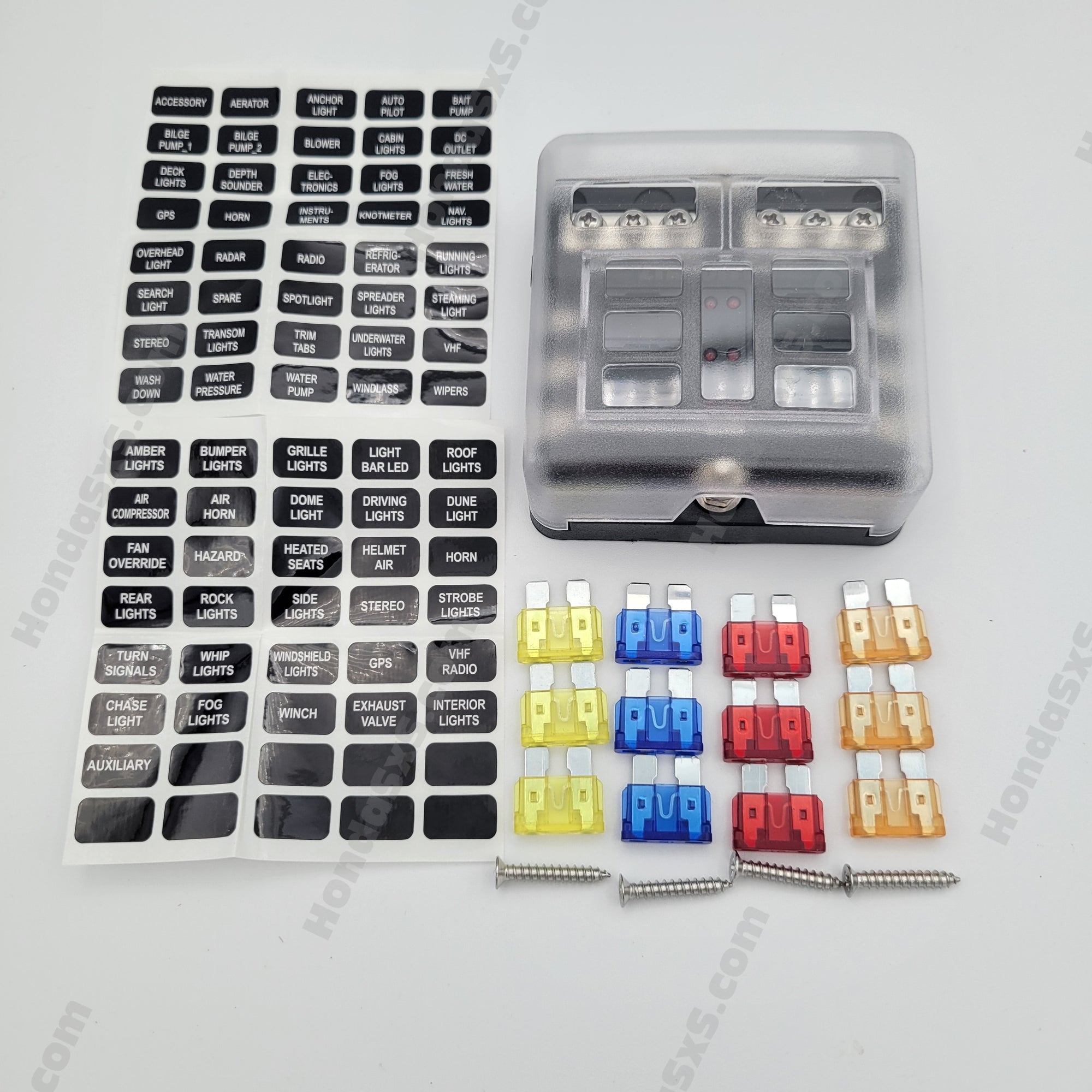 Fuse box with negative bus. 6 or 12 fuse unit, includes variety of fuses. FuseBox