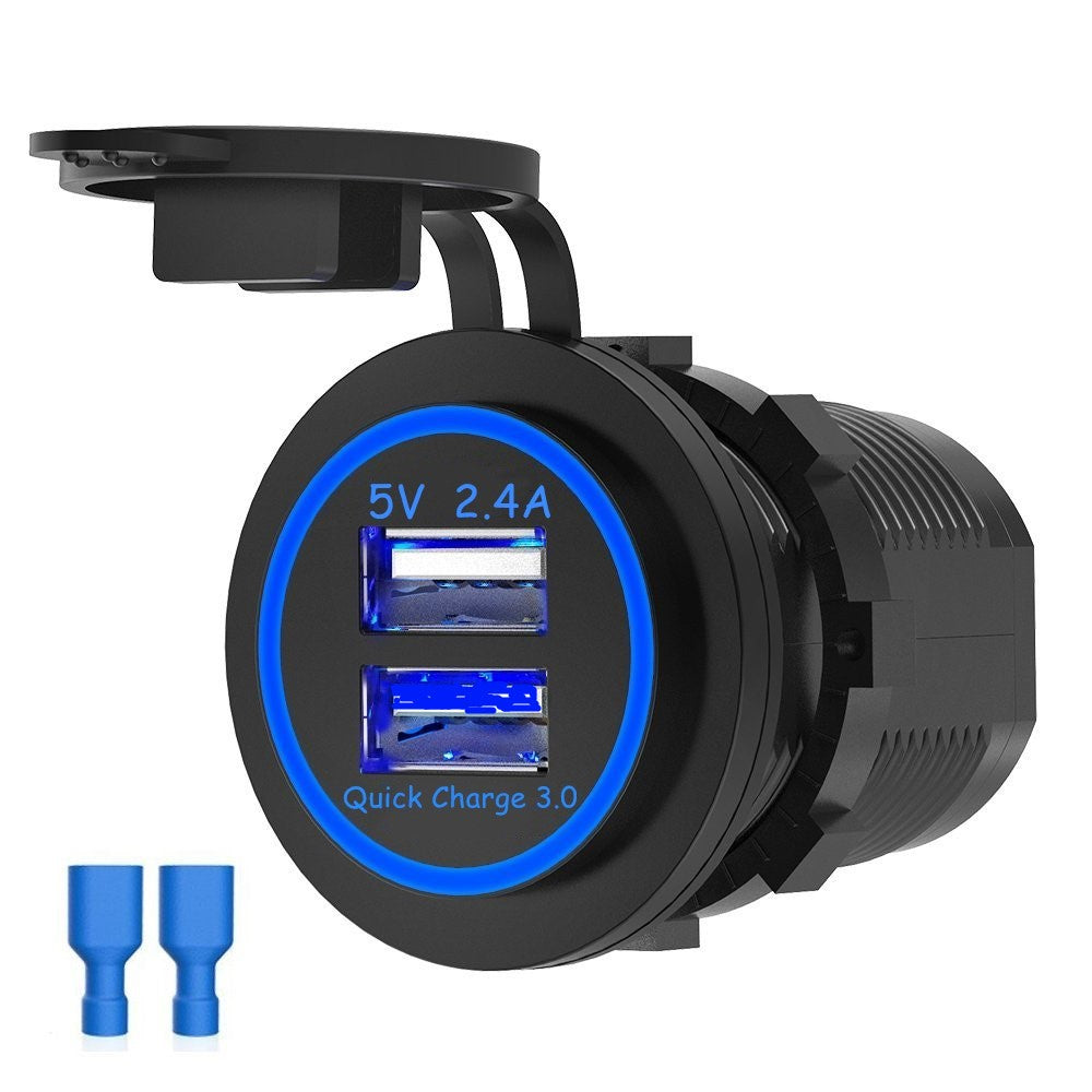 Dual USB Charger 12v Quick Charge 3.0 + 2.4A, Waterproof LED Cover.